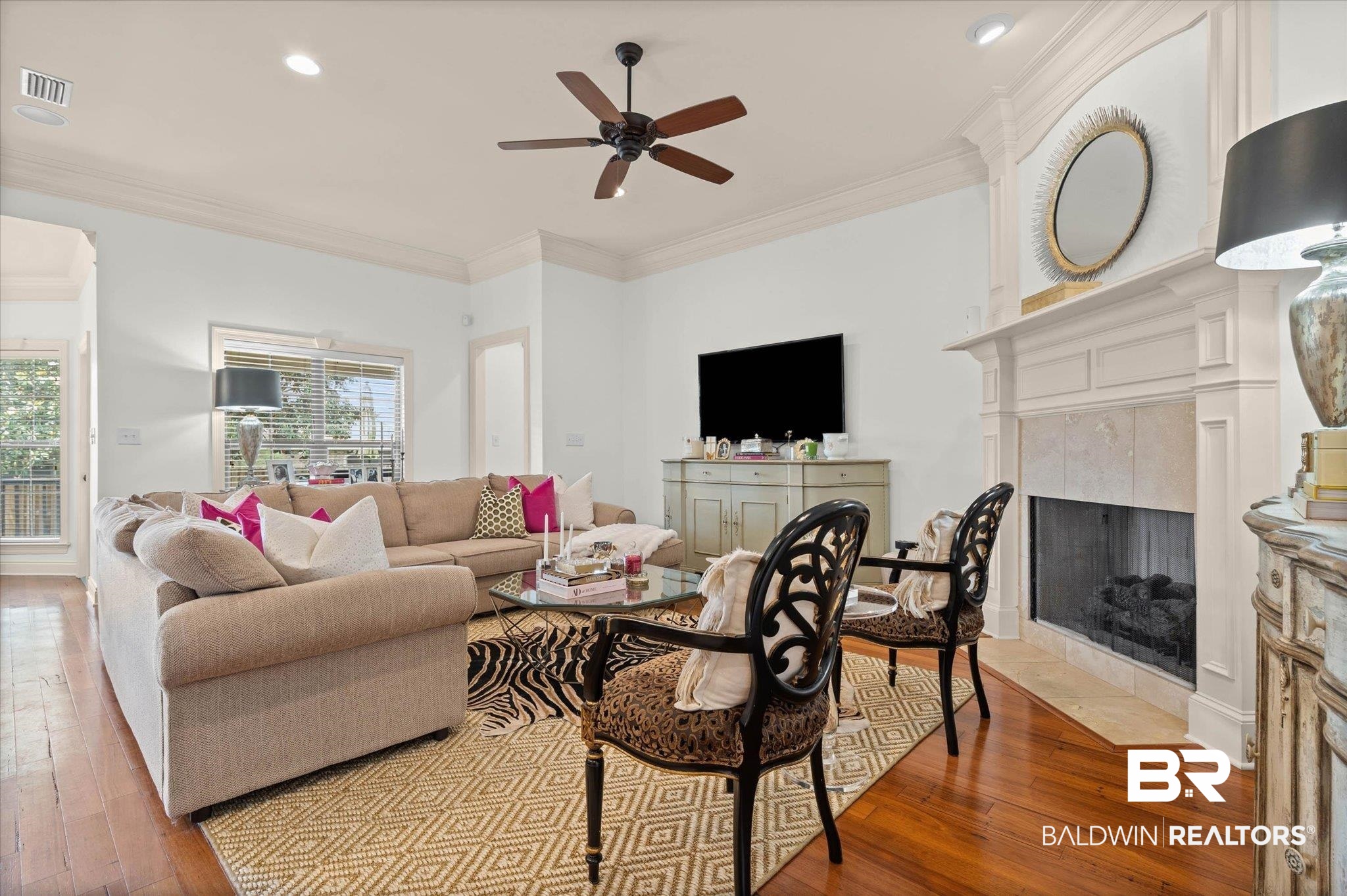 3459 Rue Royal Mobile, AL 36693 - Photo 4 of 31 Spacious living room featuring wood-finish flooring, a ceiling fan, crown molding, and recessed lighting