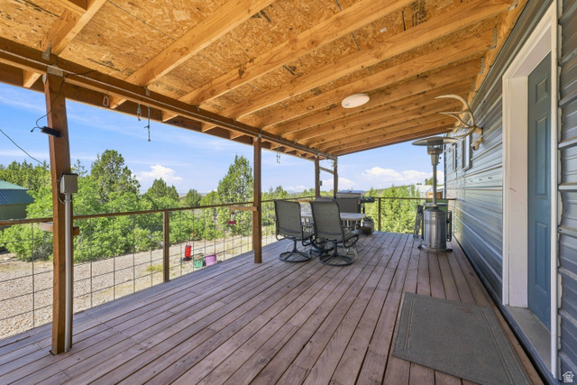 2345 East Frampton Hts Road, Unit 12 Fillmore, UT 84631 - Photo 20 of 31 Covered wood-finish deck with open railing and exposed wood ceiling
