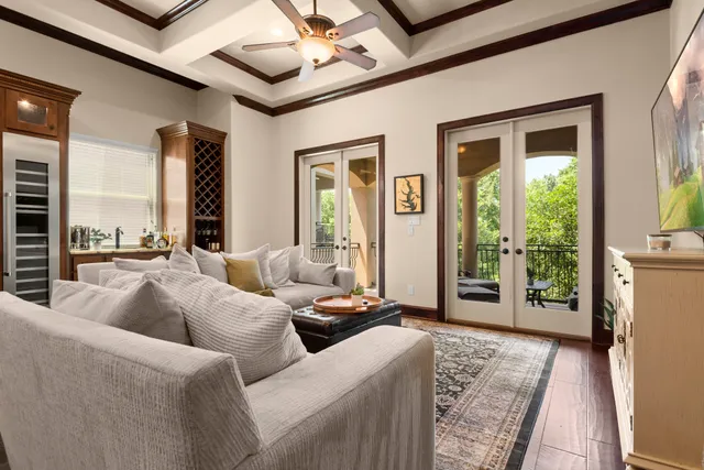 a bedroom with furniture and a baby crib