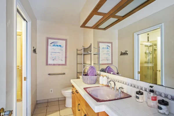 a bathroom with a granite countertop sink toilet and a mirror