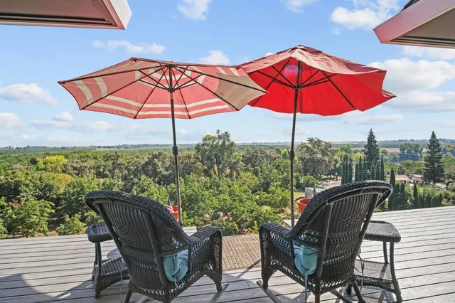 an aerial view of residential house with outdoor space and swimming pool