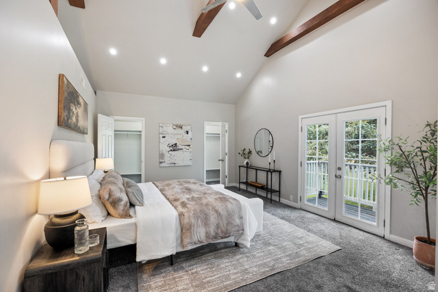 75 East 100 North Midway, UT 84049 - Photo 14 of 43 Vaulted ceiling with exposed wood beams, recessed lighting, and a ceiling fan