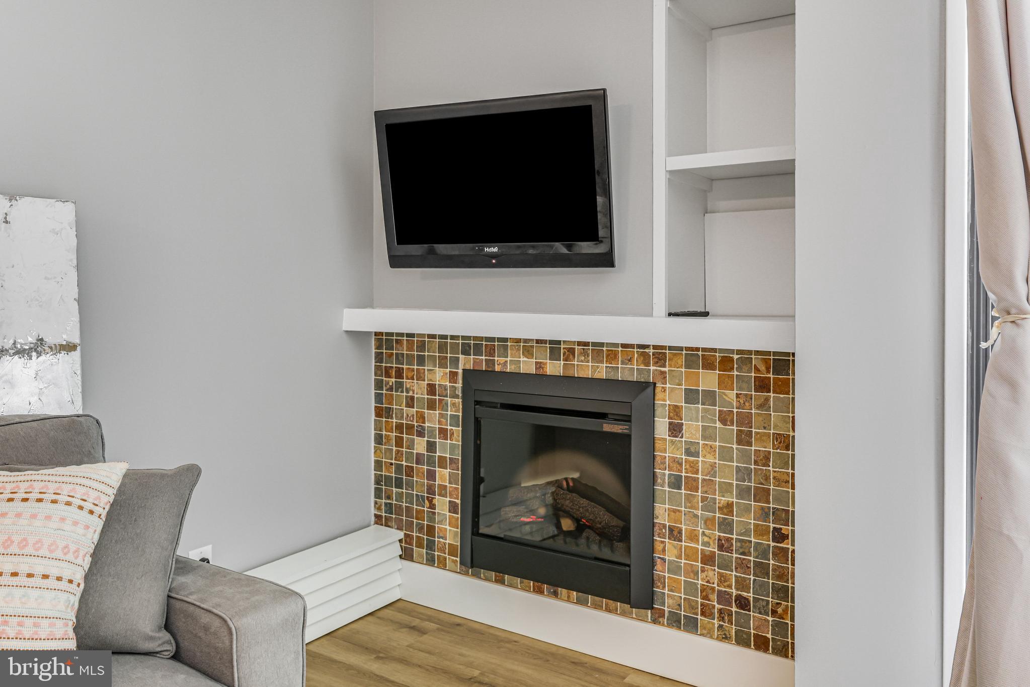 300 M Street Southwest, Unit N102 Washington, DC 20024 - Photo 10 of 53 a living room with a fireplace a flat screen tv and a fireplace