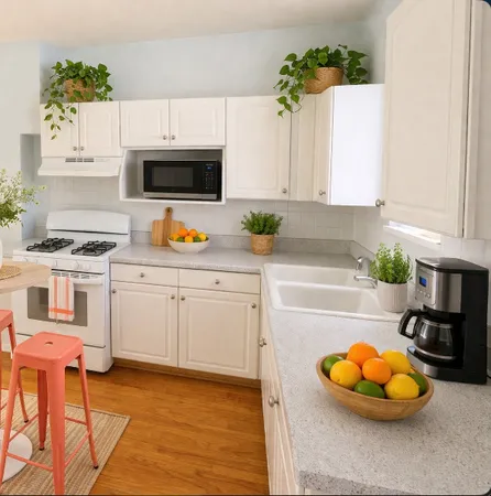 a kitchen with stainless steel appliances a white counter top space cabinets and a potted plant