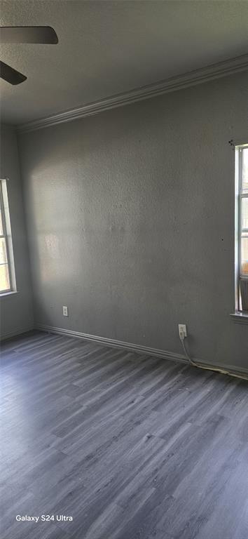 609 Elwayne Avenue Dallas, TX 75217 - Photo 8 of 9 Spacious room with gray wood-finish flooring, two windows, crown molding, and a ceiling fan