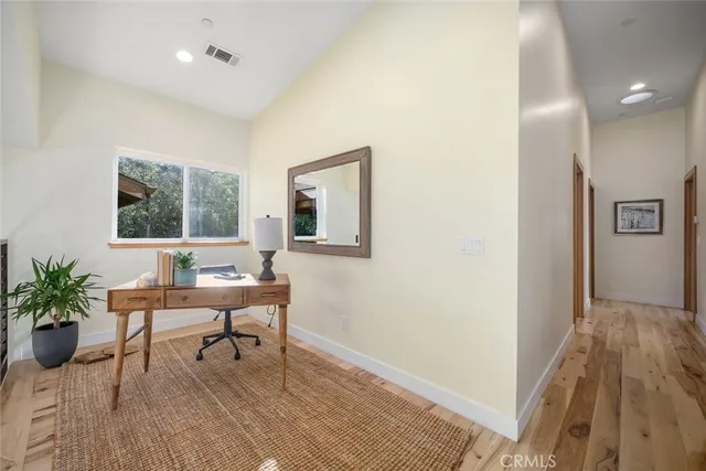 a workspace with wooden floor and a potted plant