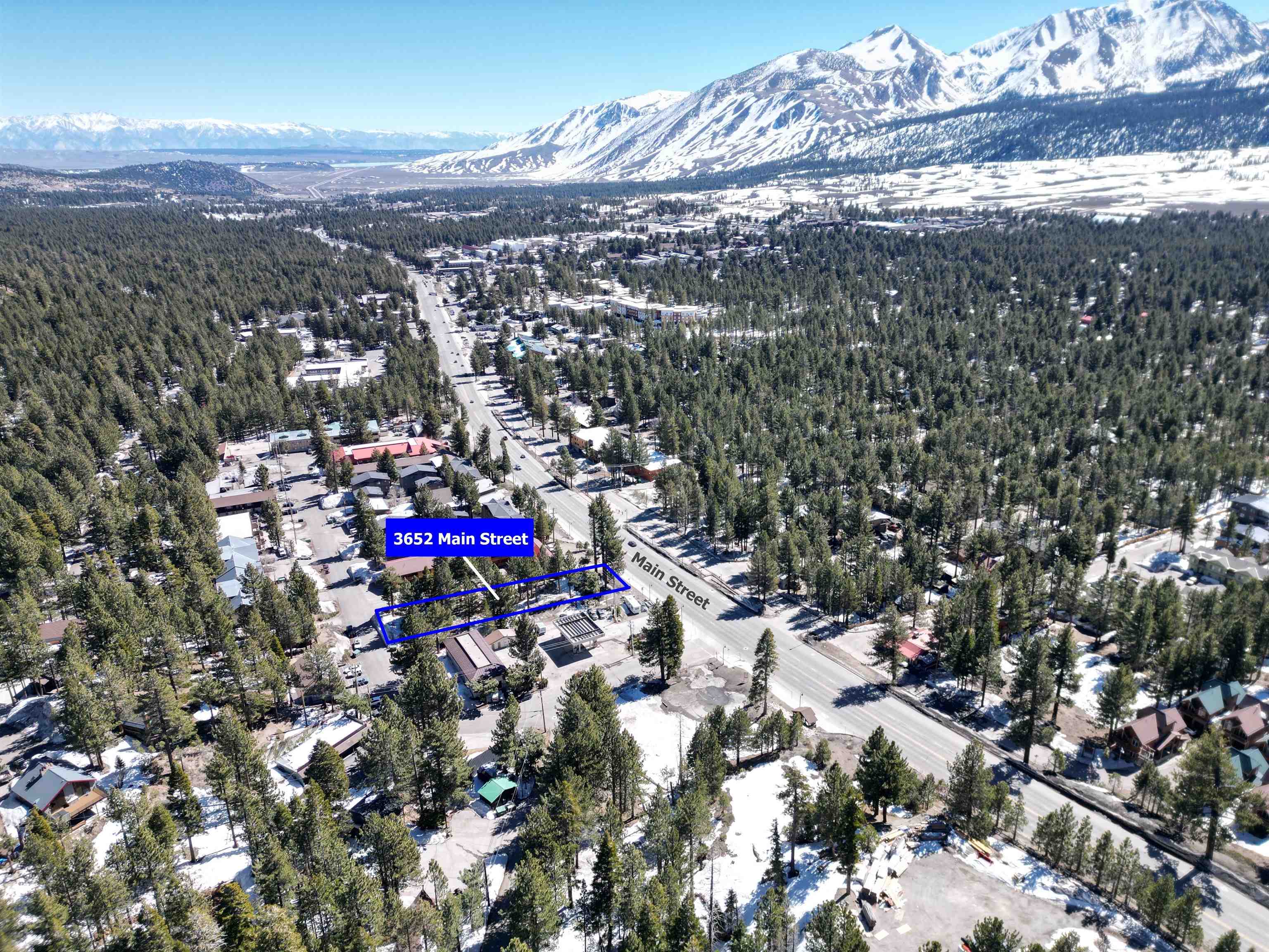 3652 Main Street Mammoth Lakes, CA 93546 - Photo 4 of 12 Aerial view of property's location with mountains and property parcel outlined