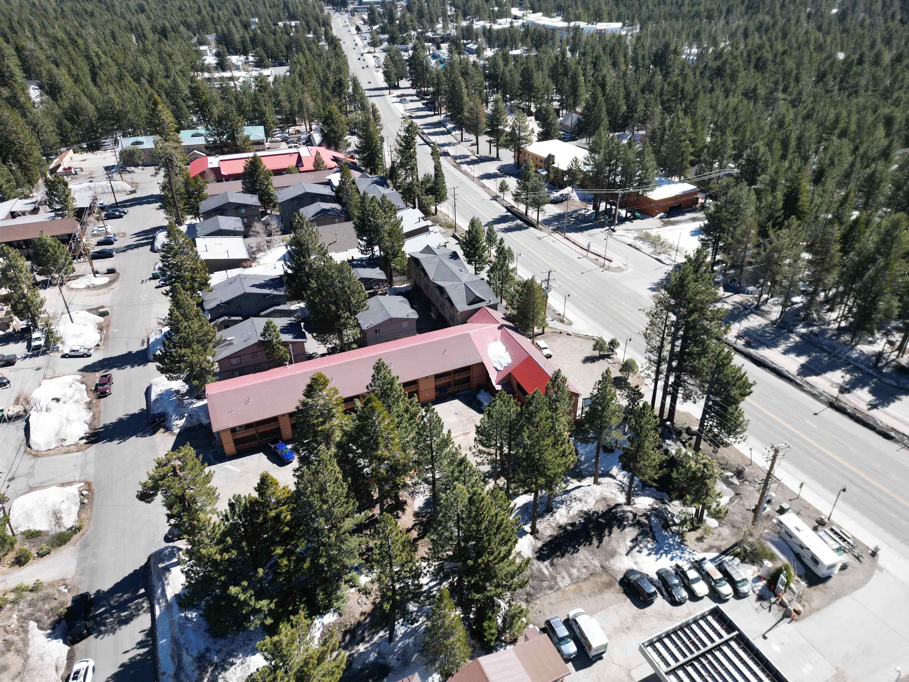 3652 Main Street Mammoth Lakes, CA 93546 - Photo 7 of 12 Aerial overview of property's location with a heavily wooded area