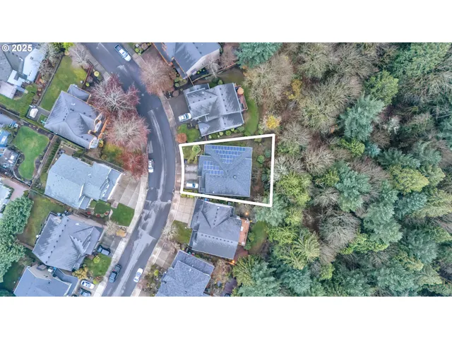 an aerial view of a house with a yard and lake view