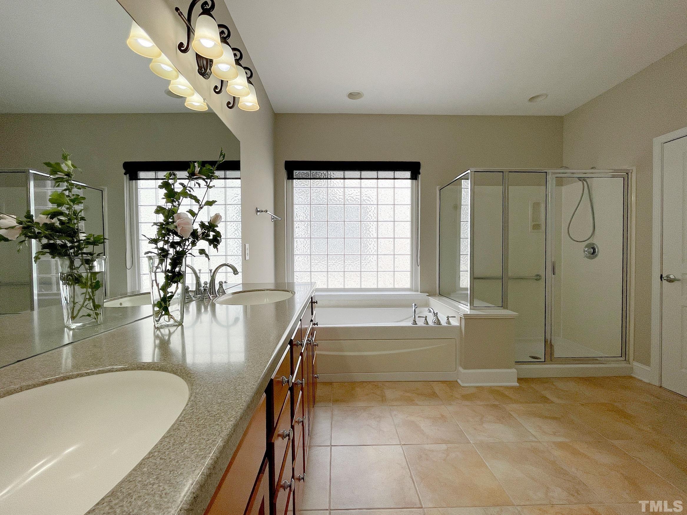 207 Beckingham Loop Cary, NC 27519 - Photo 19 of 40 a spacious bathroom with a granite countertop tub sink and mirror