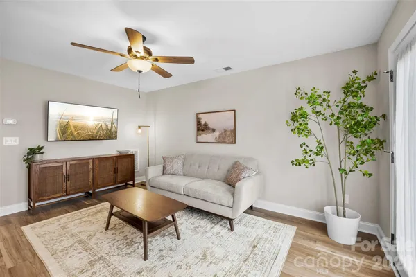 a living room with furniture and a potted plant