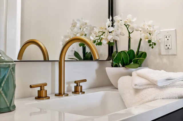 a bathroom with a double vanity sink toilet and shower
