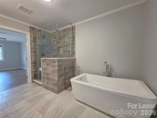 a bathroom with a bathtub and shower