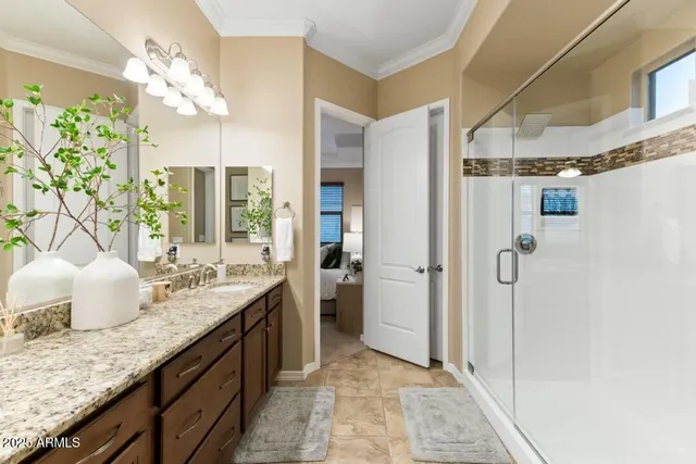 a bathroom with a granite countertop sink a mirror and shower