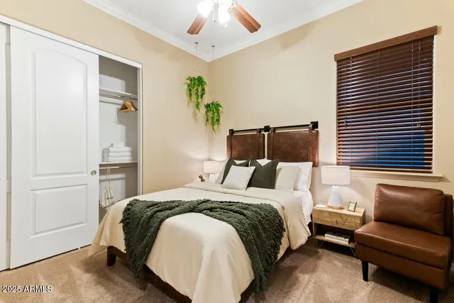 a bedroom with a bed and a couch