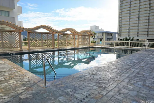 a view of a lake with a terrace