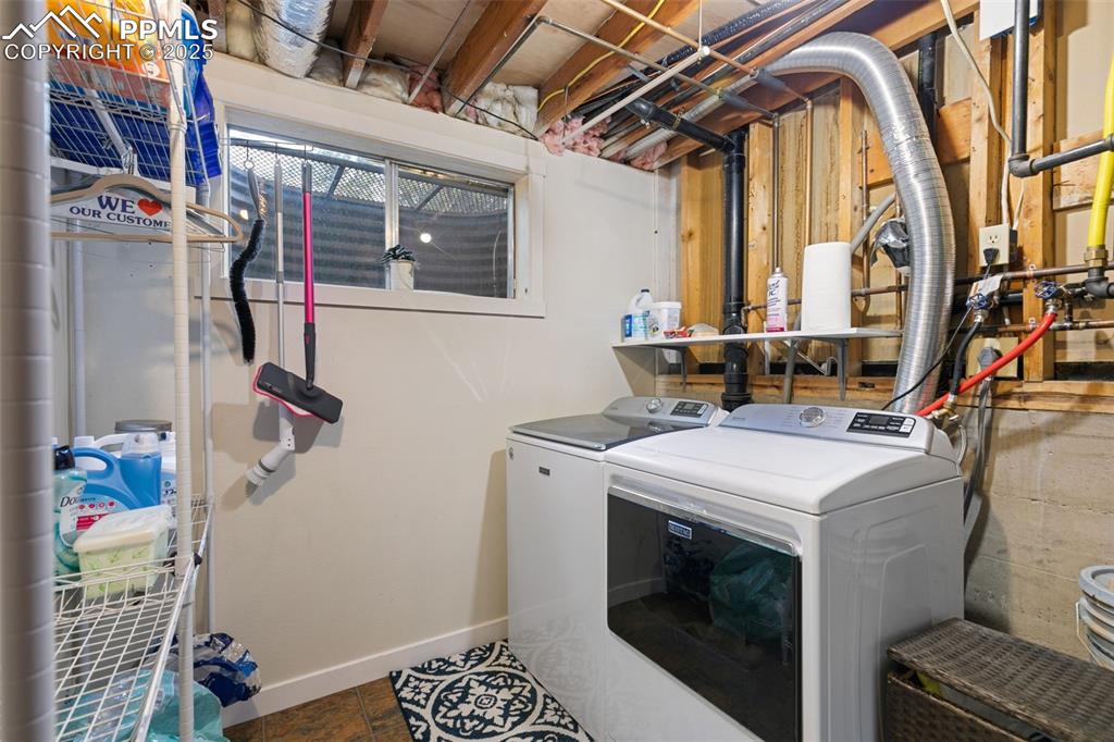 1921 Van Diest Road Colorado Springs, CO 80915 - Photo 37 of 45 Laundry area featuring independent washer and dryer and dark tile patterned flooring
