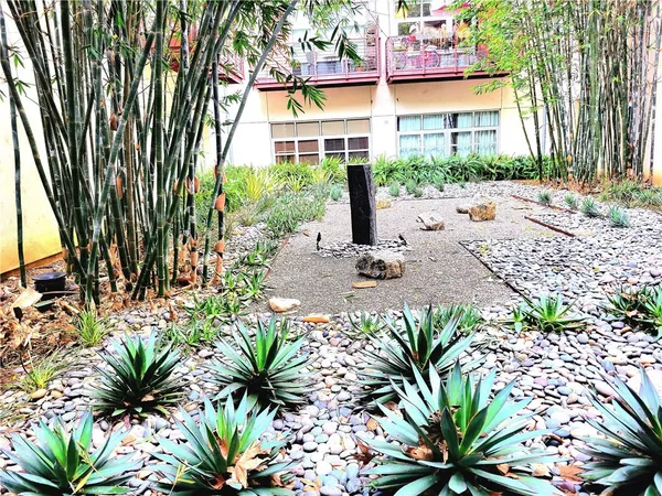 a view of a house with a yard and potted plants