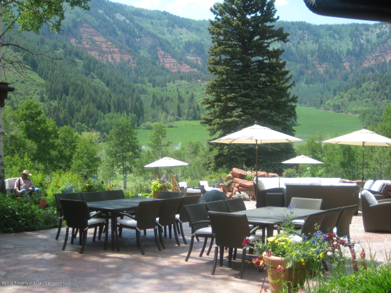 2900 Taylor Creek Road Basalt, CO 81621 - Photo 17 of 39 a view of a tables and chairs under an umbrella in a backyard