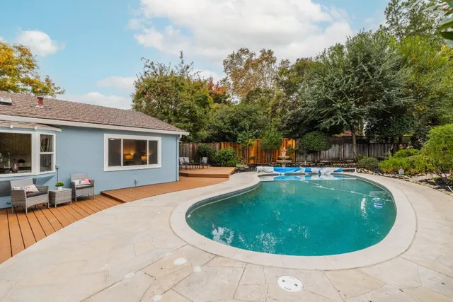 a view of a swimming pool with back yard