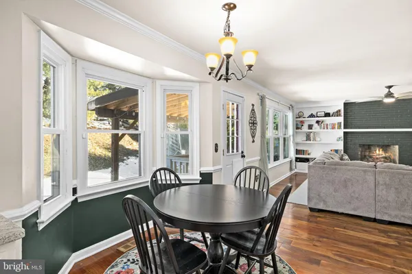 a view of a dining room with furniture window and wooden floor