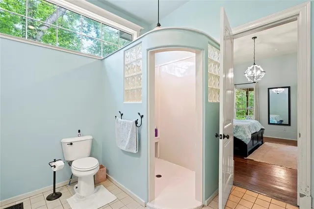 a bathroom with a toilet a sink a shower and mirror