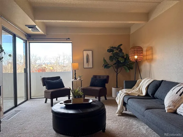 a living room with furniture and a potted plant