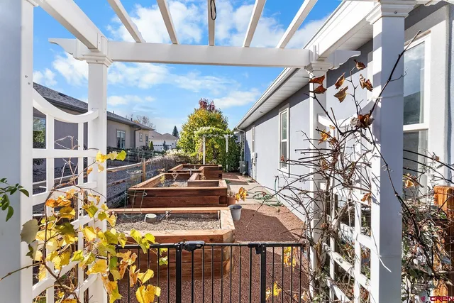 a view of a big yard with potted plants and big trees