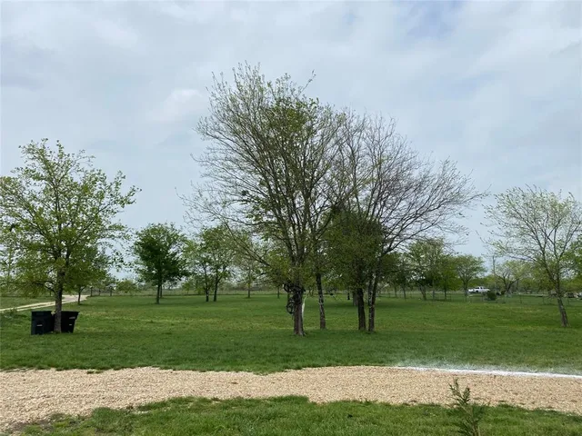 a view of a park with trees in the background