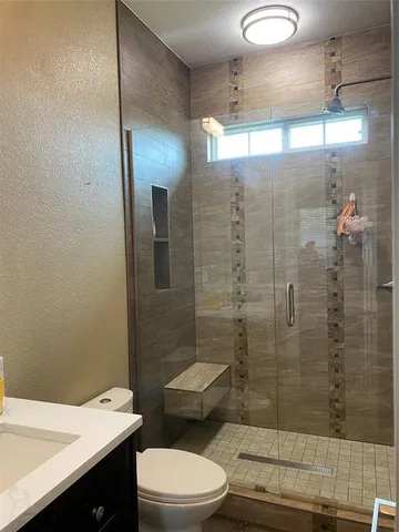 a bathroom with a sink a toilet and shower