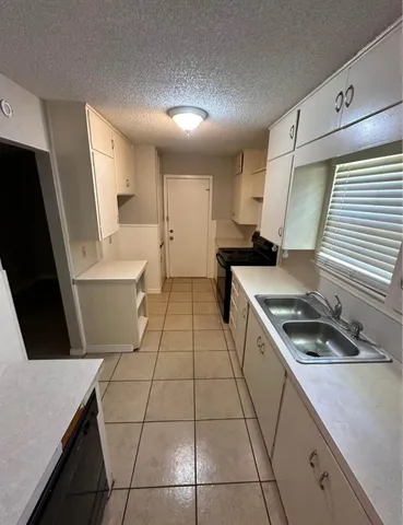 a kitchen with a sink a stove and cabinets