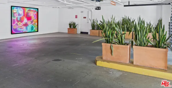 a view of a hallway with paintings on the wall and a potted plant