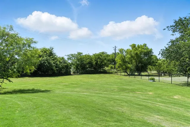 a grassy field with trees in the background