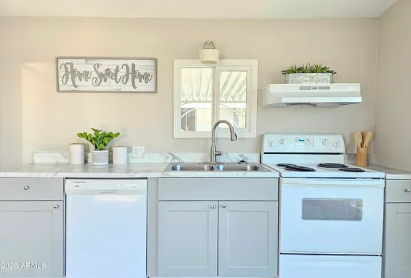 a kitchen with cabinets appliances a sink and a potted plant