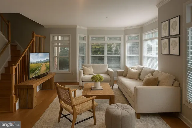 a living room with furniture a flat screen tv and floor to ceiling window