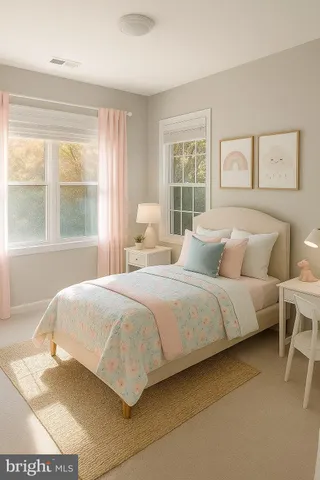 a bedroom with a bed and a large window