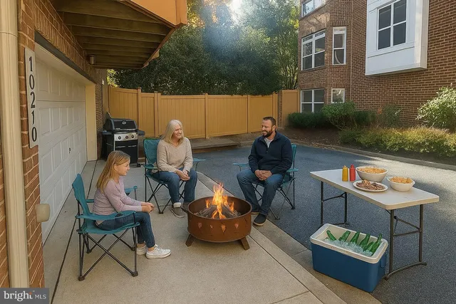a view of a patio with couple of chairs and a fire pit
