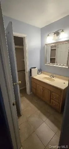 a bathroom with a sink and a large mirror
