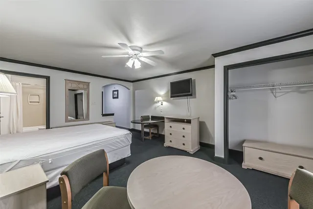 a spacious bedroom with a bed and a chandelier