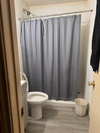 a bathroom with a toilet and a shower curtain