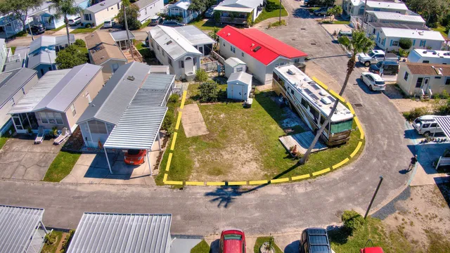 an aerial view of a swimming pool