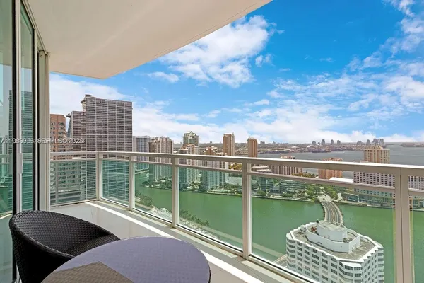 a balcony with water view and city view