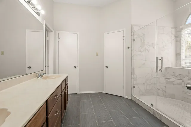 a bathroom with a sink and a shower