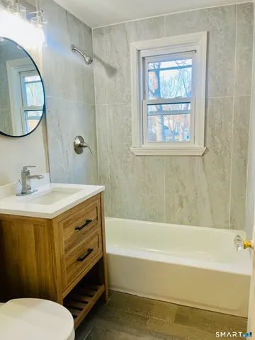 a bathroom with a sink mirror toilet and bathtub