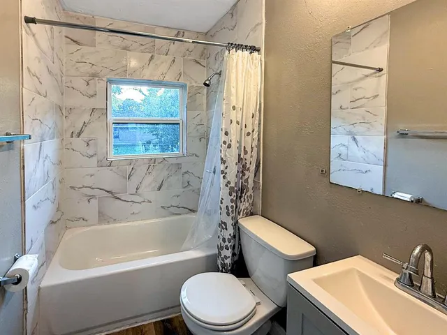 a bathroom with a sink a toilet a mirror a bathtub and shower