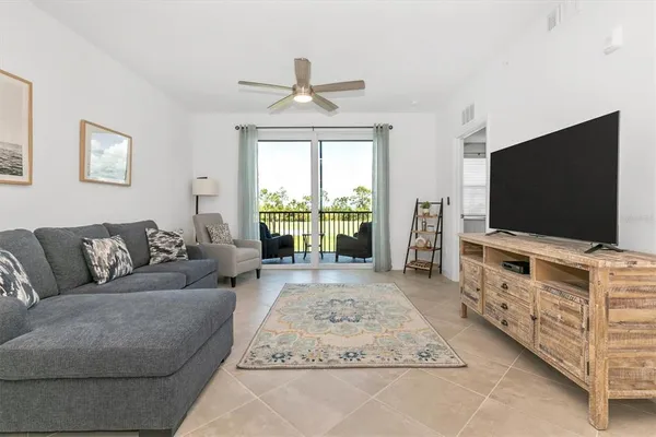 a view of a balcony with wooden floor