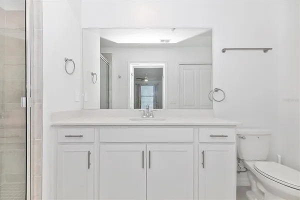 a view of a park with large trees