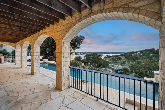 a view of a terrace with a lake