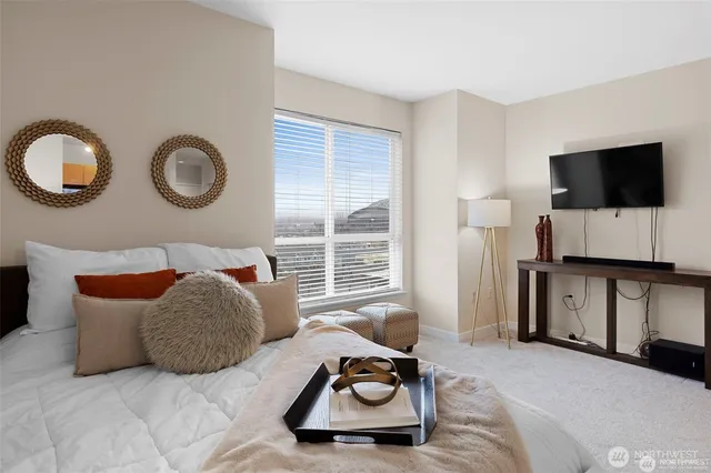 a bedroom with a bed and a television