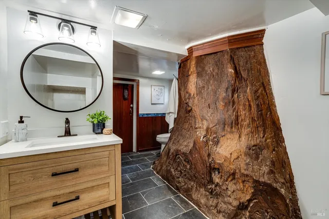 a bathroom with a sink and a mirror